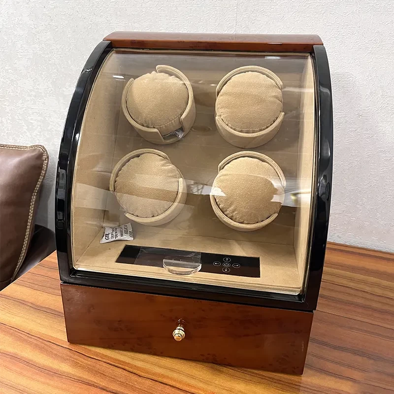 4 Slots High Quality Luxurious Curved Shape Brown Watch Winder for Automatic Watches